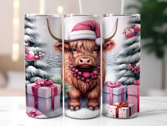 Pink Christmas Highland Cow Tumbler Wrap Graphics